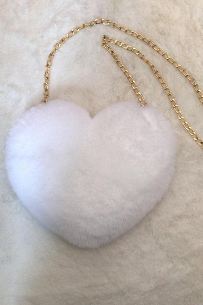 White Heart Shaped Plush Chain Crossbody Bag - AMIClubwear