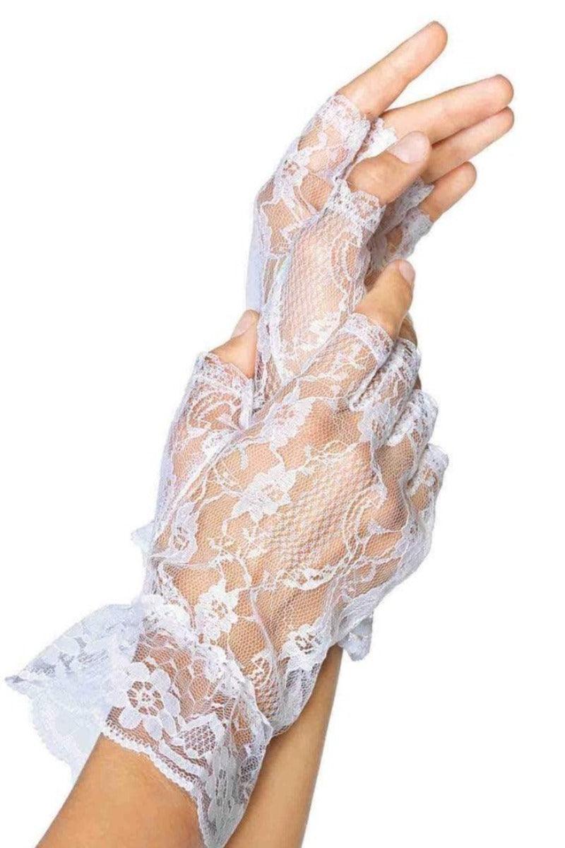 White Lace Embroidered Fingerless Costume Gloves - AMIClubwear