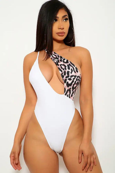 White Leopard Print One Piece Swimsuit - AMIClubwear