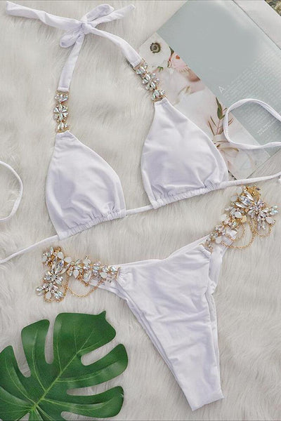 White Rhinestone Gems Halter Triangle 2 Pc Bikini Set - AMIClubwear