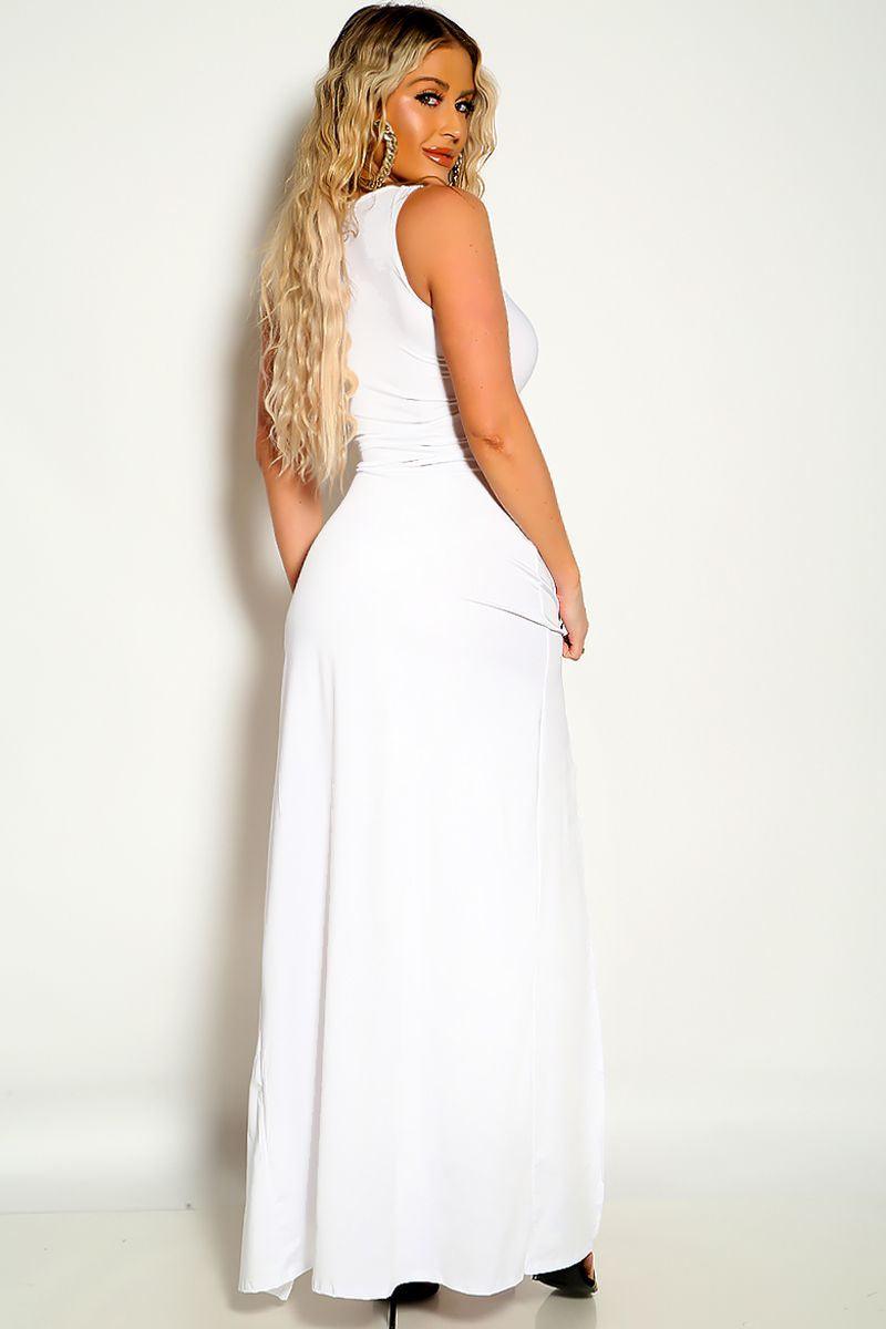 White Sleeveless Double High Slit Maxi Dress - AMIClubwear
