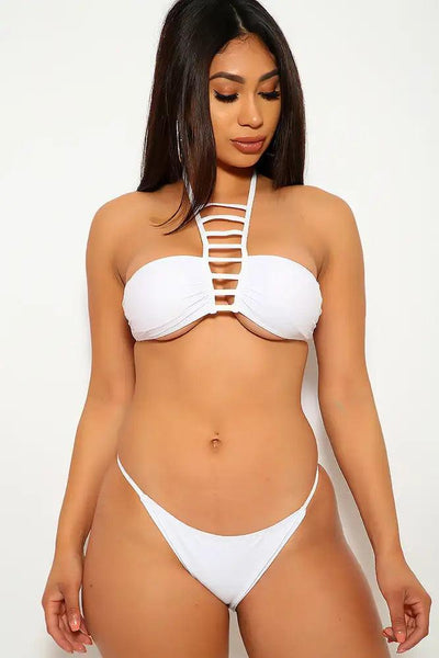 White Strappy Caged Halter Sexy Two Piece Swimsuit - AMIClubwear