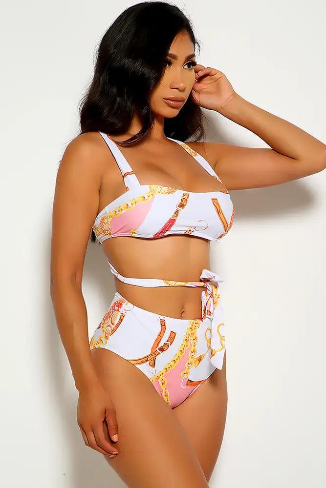 White Strappy Graphic Print Two Piece Swimsuit - AMIClubwear