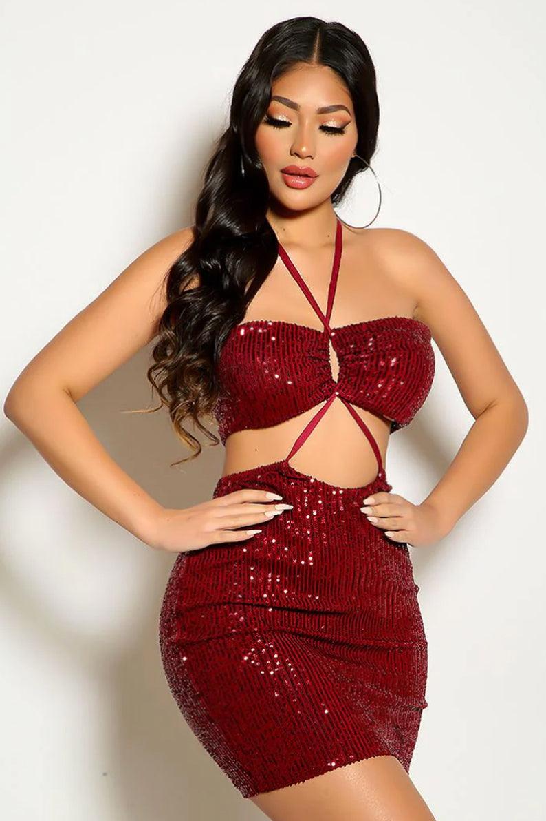 Wine Sequins Halter Strappy Sexy Party Dress - AMIClubwear