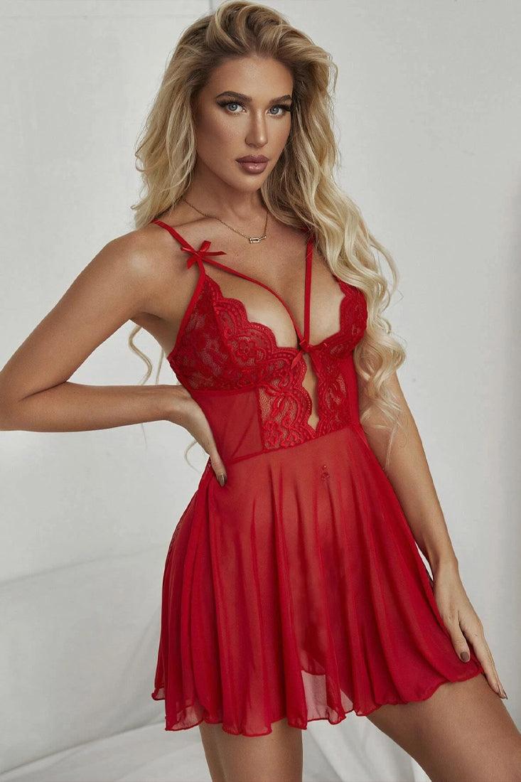 Wine Strappy Lace Cut Out Sheer Mesh Sexy Nightdress - AMIClubwear