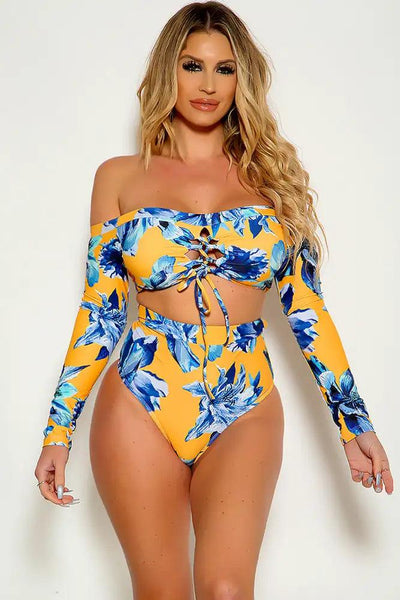 Yellow Floral Long Sleeve Off The Shoulder Lace Up Tow Piece Swimsuit - AMIClubwear