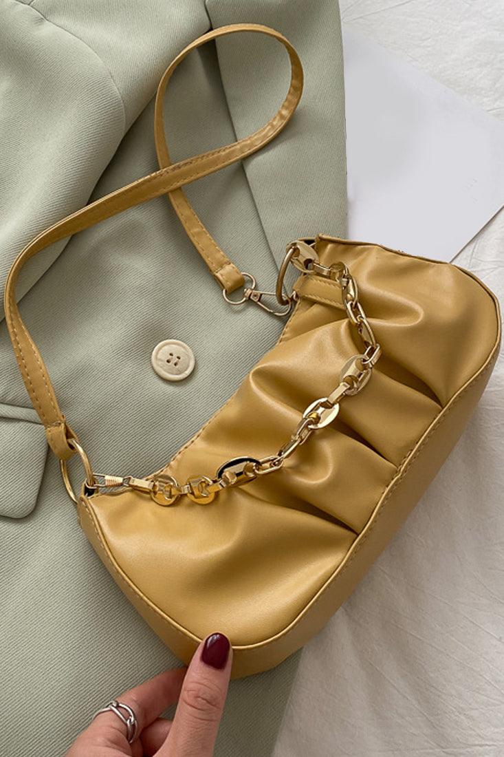 Yellow Gold Chain Strap Ruched Cross Body Hand Bag - AMIClubwear