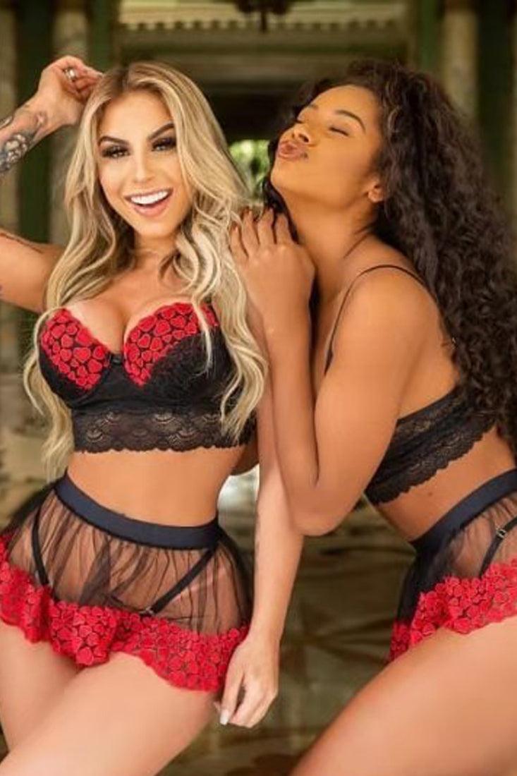 Black Red Heart Lace Bustier Mesh Skirt Thong 3Pc Sexy Lingerie Set