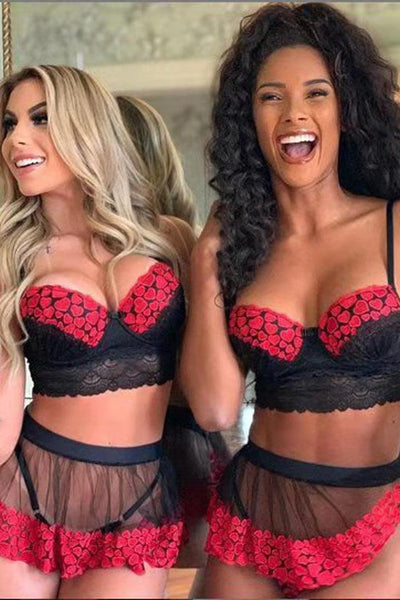 Black Red Heart Lace Bustier Mesh Skirt Thong 3Pc Sexy Lingerie Set - AMIClubwear