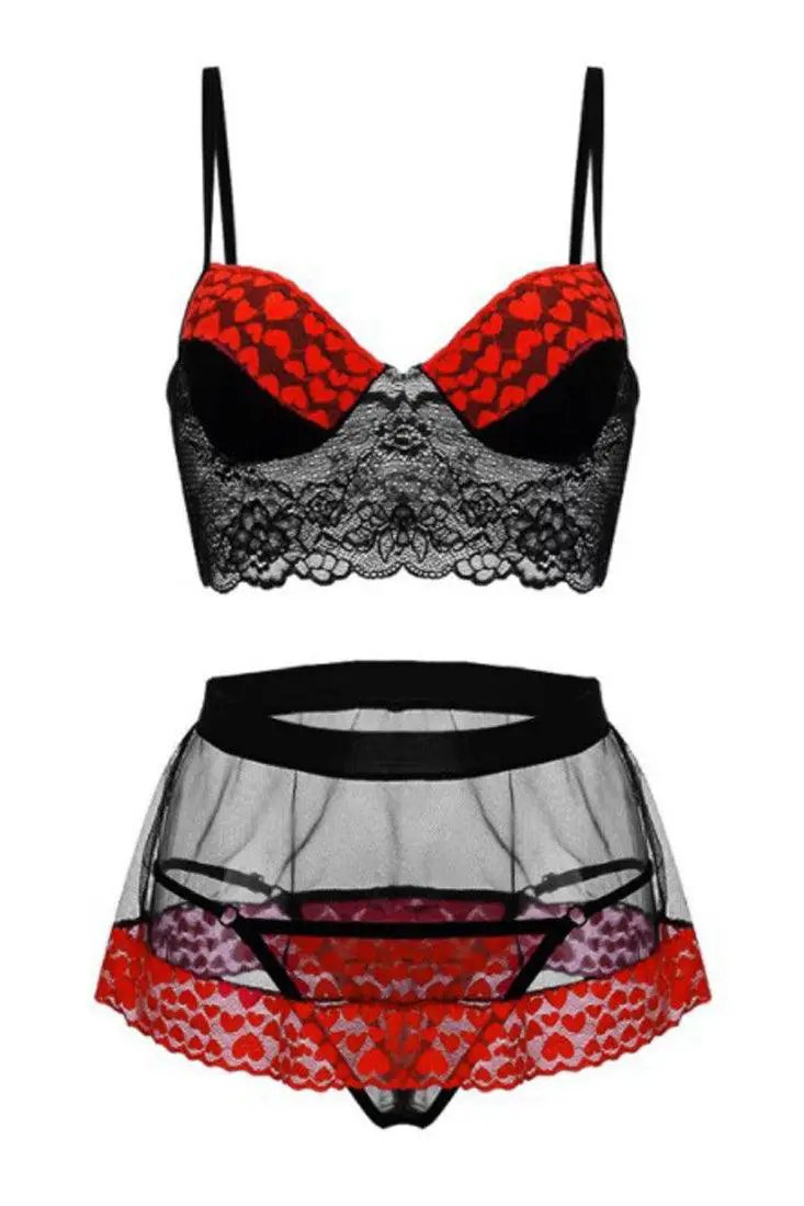 Black Red Heart Lace Bustier Mesh Skirt Thong 3Pc Sexy Lingerie Set