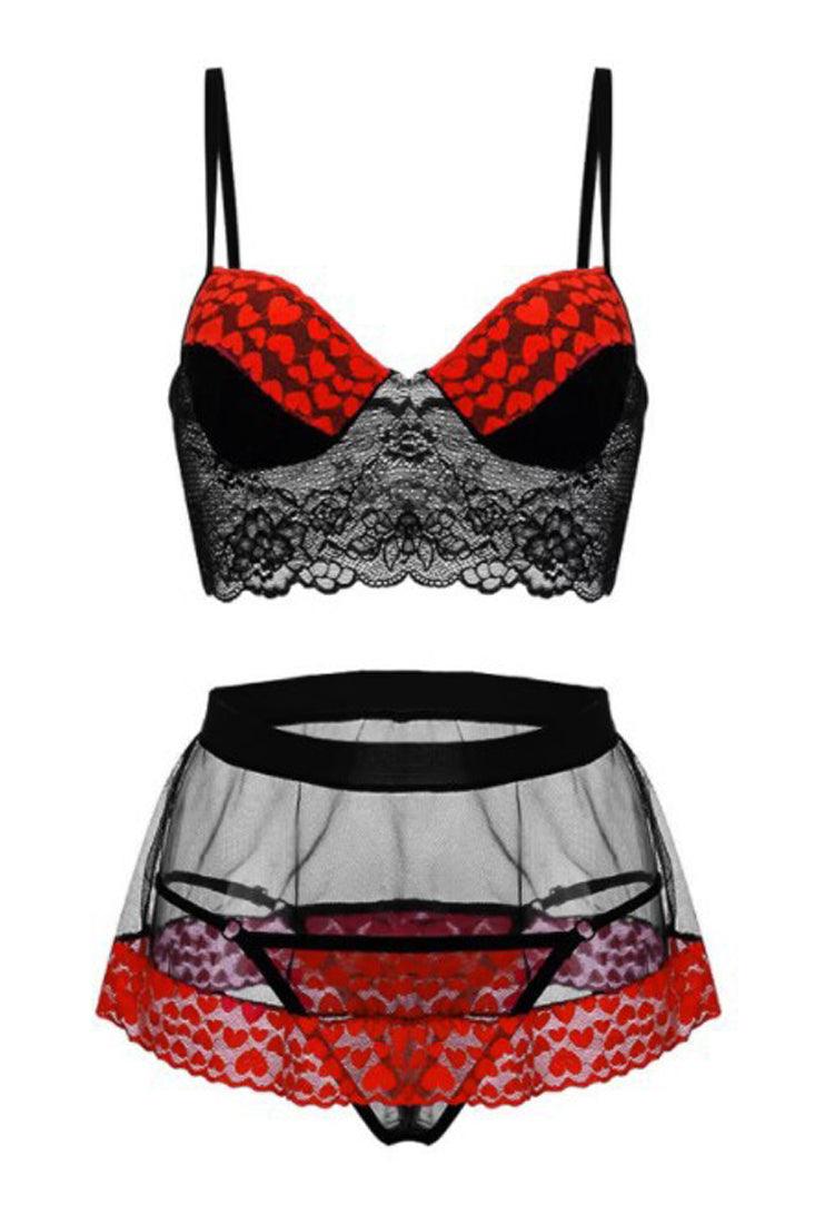 Black Red Heart Lace Bustier Mesh Skirt Thong 3Pc Sexy Lingerie Set - AMIClubwear