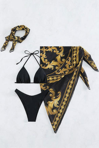 Black Gold Printed Triangle Cheeky Mesh Cover-Up Head Scarf 4Pc Swim Set