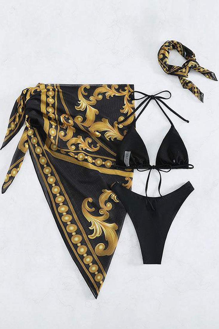 Black Gold Printed Triangle Cheeky Mesh Cover-Up Head Scarf 4Pc Swim Set