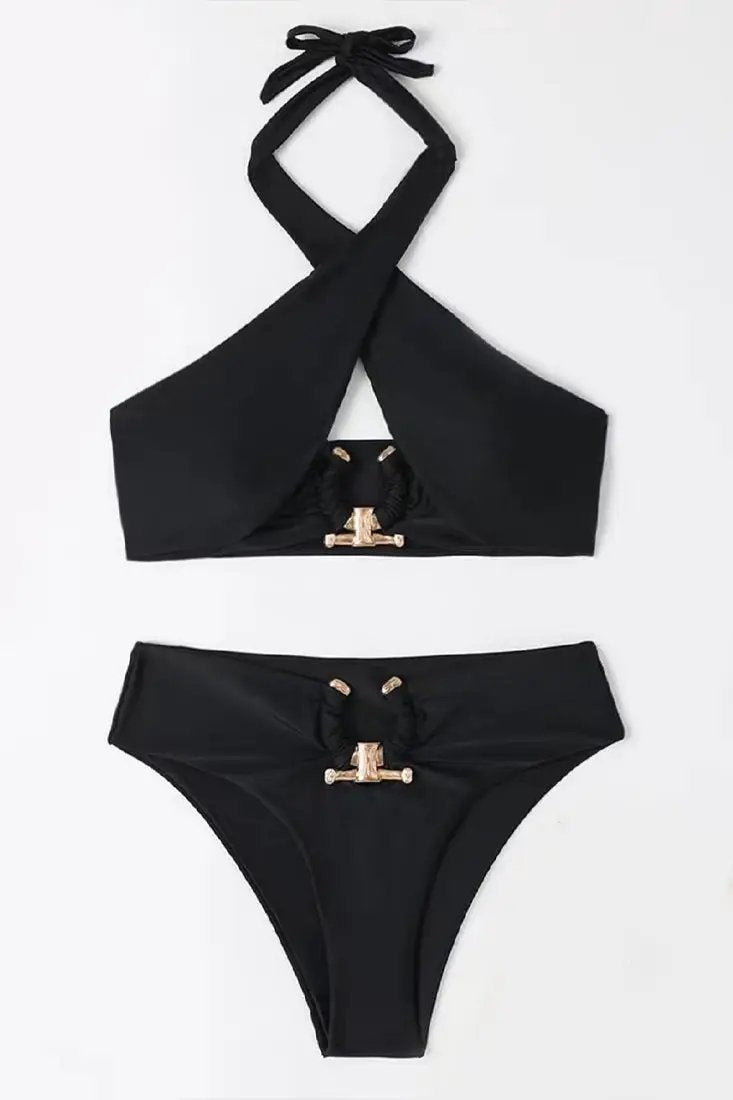 Black Gold Buckle Halter High Waist 2Pc Swimsuit Set