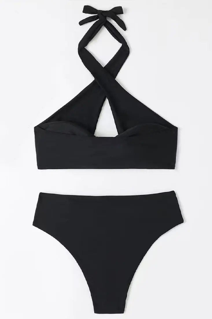 Black Gold Buckle Halter High Waist 2Pc Swimsuit Set