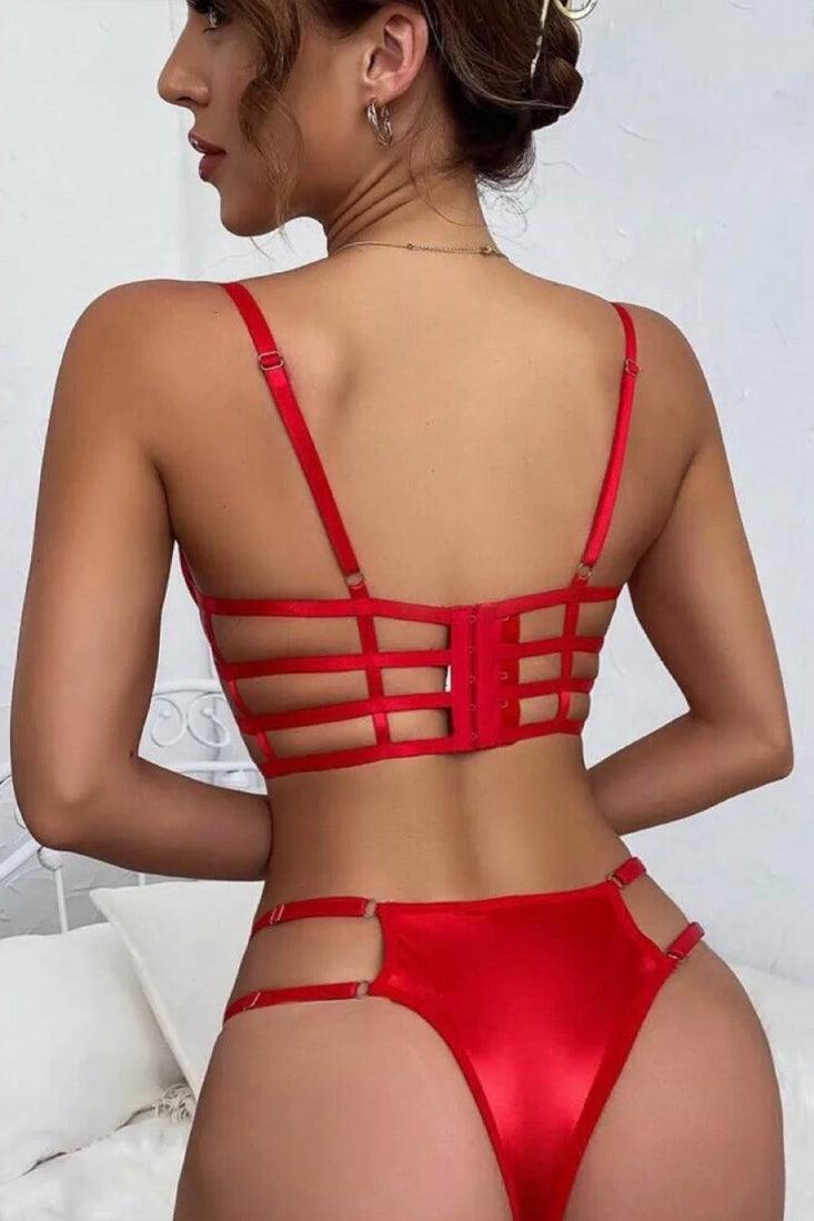 Red Push-Up Caged Strappy Bustier Thong 2Pc Sexy Lingerie Set - AMIClubwear