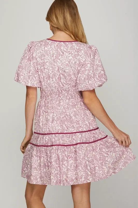 She + Sky Full Size Printed V-Neck Puff Sleeve Tiered Dress Plus Size
