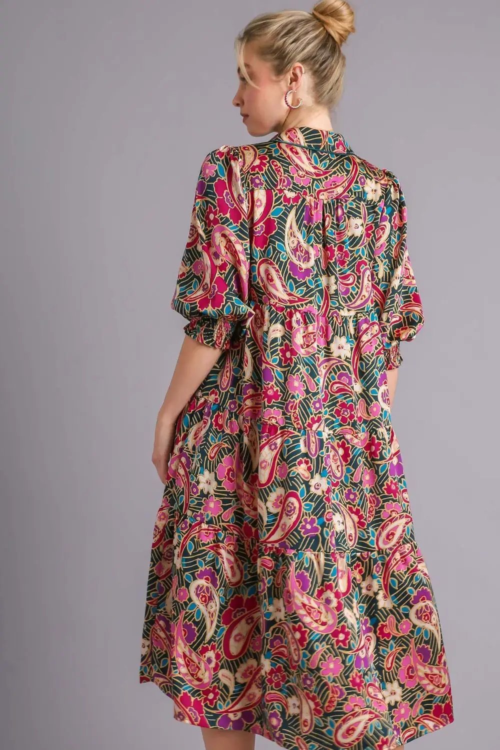 Umgee Full Size Paisley Print Satin Tiered Midi Dress Plus Size