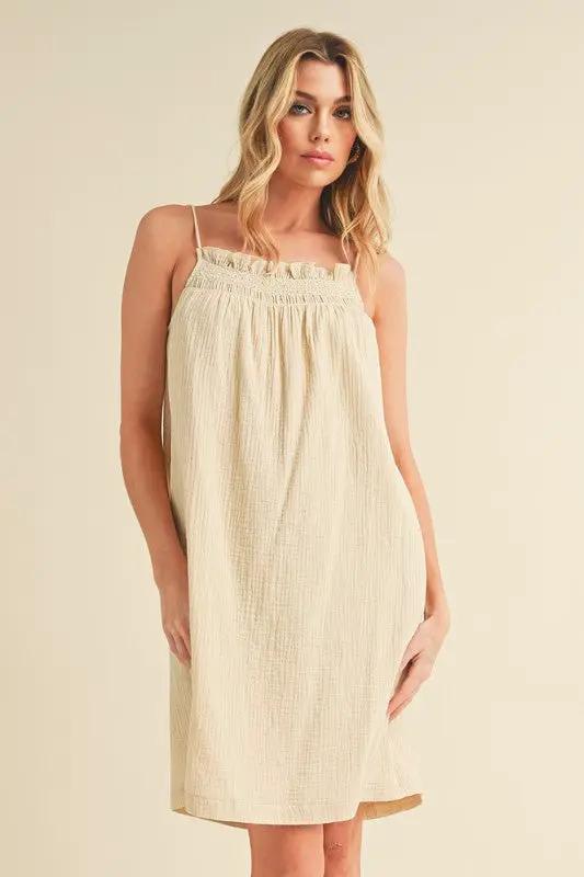 Aemi + Co Embroidered Trim Gauze Square Neck Mini Cami Dress