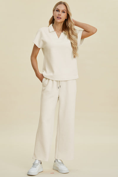 Double Take Full Size Collared Neck Short Sleeve Top and Pants Set