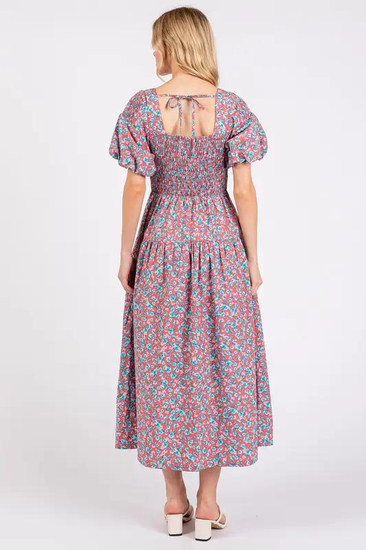 Mittoshop Smocked Floral Square Neck Puff Sleeve Midi Dress
