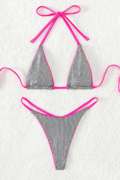 Silver Holographic Pink Piping Micro Narrow Top Thong 2Pc Swimsuit Set Bikini - AMIClubwear