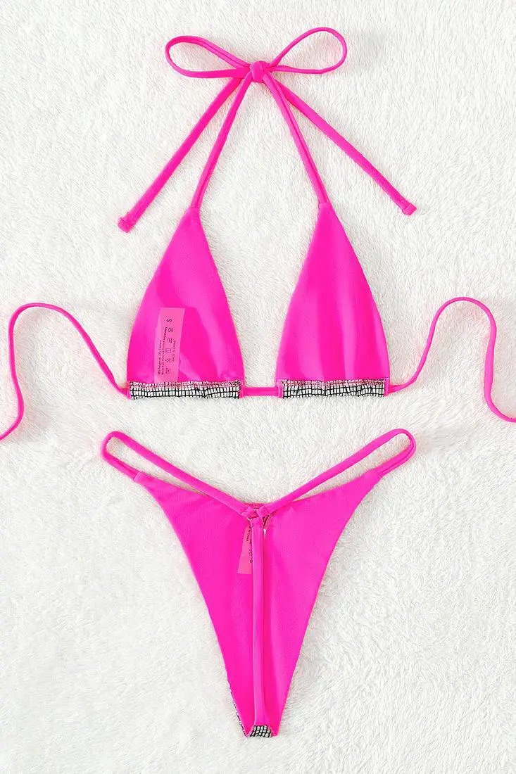 Silver Holographic Pink Piping Micro Narrow Top Thong 2Pc Swimsuit Set Bikini