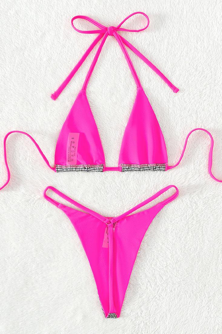 Silver Holographic Pink Piping Micro Narrow Top Thong 2Pc Swimsuit Set Bikini - AMIClubwear