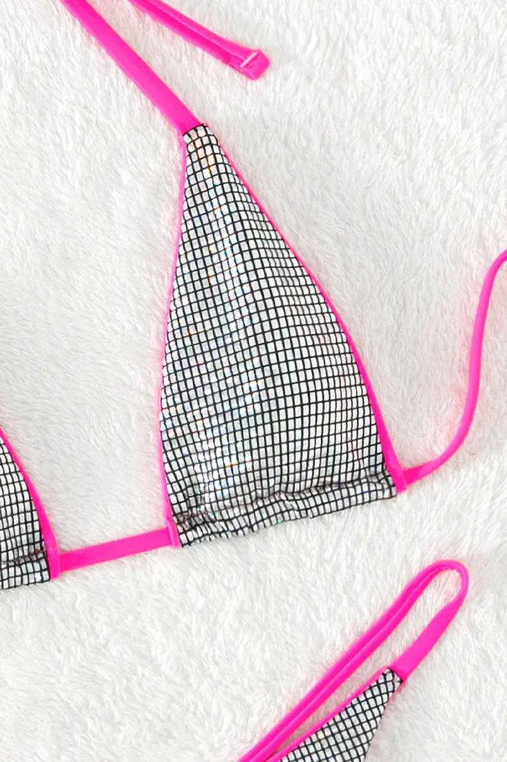 Silver Holographic Pink Piping Micro Narrow Top Thong 2Pc Swimsuit Set Bikini