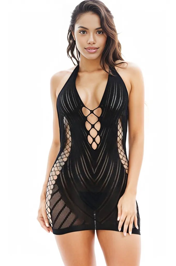 Black Stretchy Netted Cut-Out Halter Sexy Mini Dress