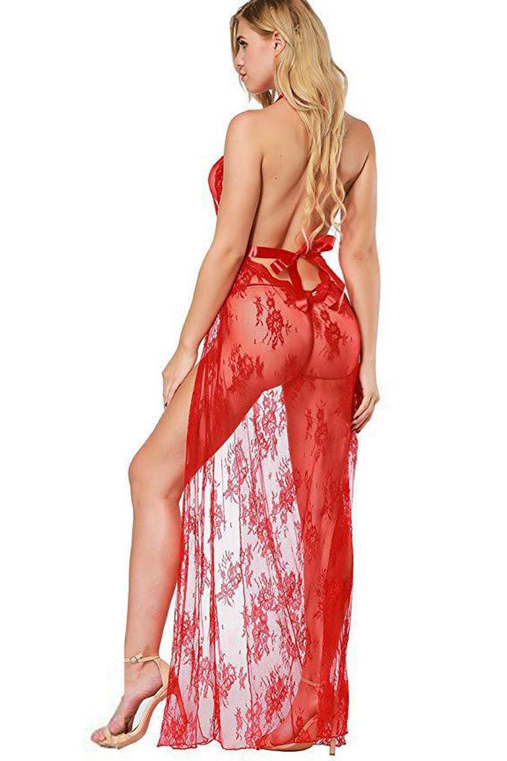 Red Lace Sheer Full Length Maxi Lingerie Dress 2 Pc Set