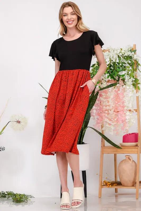 Celeste Full Size Two Tone Animal Print Flutter Sleeve Midi Dress Plus Size