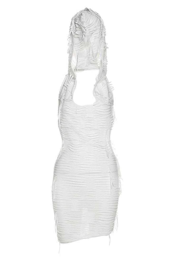 White String Textured Fabric Hooded Backless Party Dress - AMIClubwear