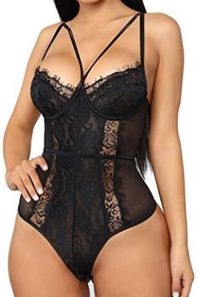 Black Eyelash Lace Strappy Bodysuit Sexy Lingerie - AMIClubwear