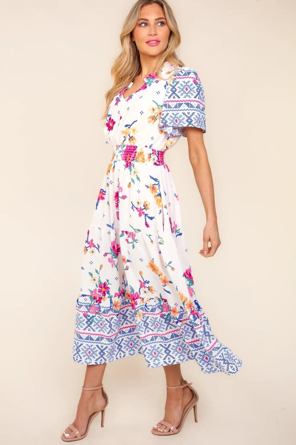 Haptics Printed Notched Short Sleeve Tiered Dress