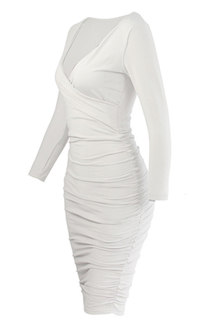 White Long Sleeve V-Neck Fitted Ruched Party Dress