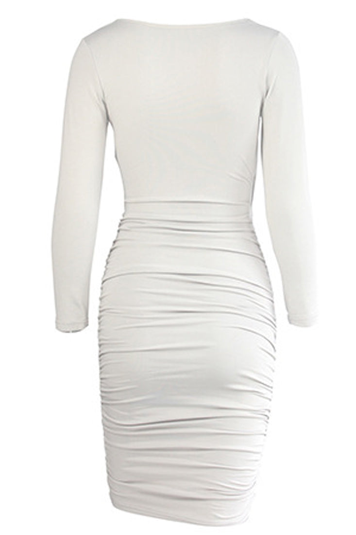 White Long Sleeve V-Neck Fitted Ruched Party Dress