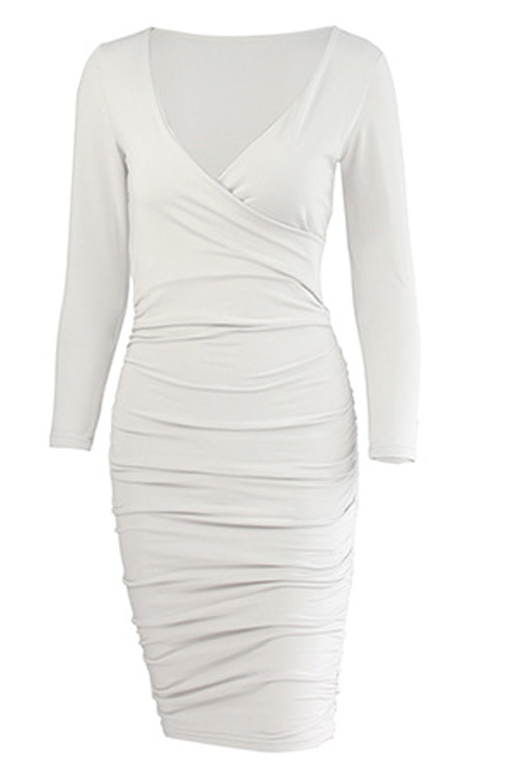 White Long Sleeve V-Neck Fitted Ruched Party Dress