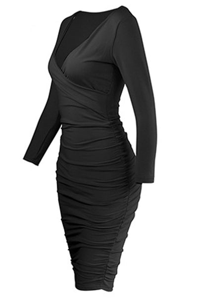 Black Long Sleeve V-Neck Fitted Ruched Party Dress