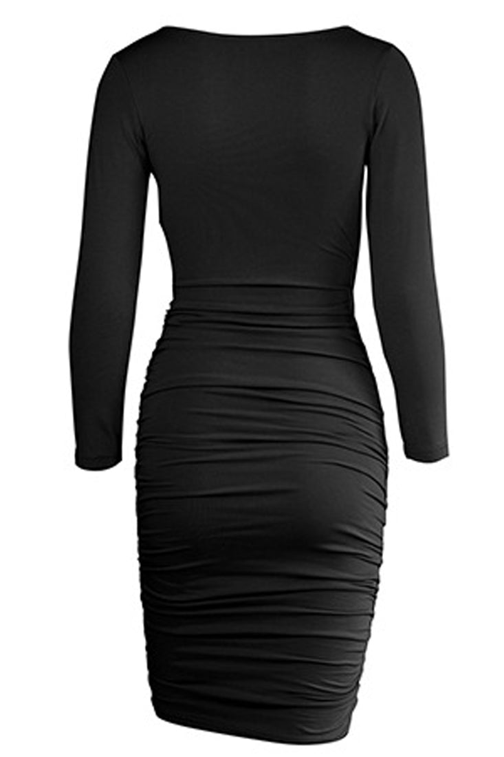 Black Long Sleeve V-Neck Fitted Ruched Party Dress