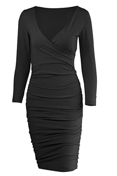 Black Long Sleeve V-Neck Fitted Ruched Party Dress