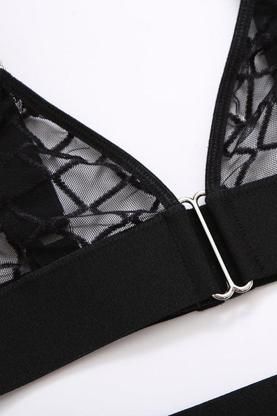 Black Checker Sheer Mesh Garter Thong 5 Pc Lingerie Set w613 - AMIClubwear