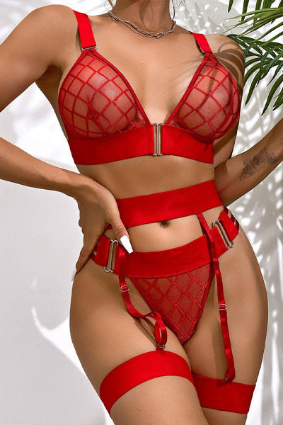 Red Checker Sheer Mesh Garter Thong 5 Pc Lingerie Set w613 - AMIClubwear