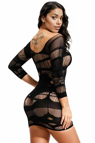 Black Stretchy Fitted Sexy Long Sleeve Mini Dress