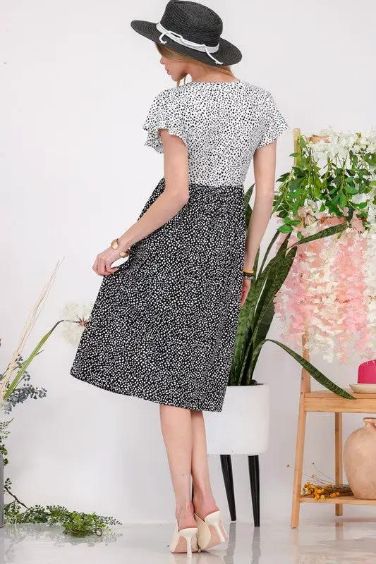 Celeste Plus Size Two Tone Animal Print Flutter Sleeve Midi Dress