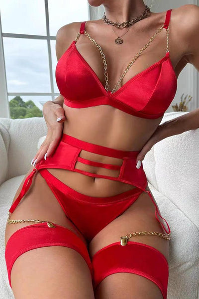 Red Satin Gold Chain Bra Garter Underwear 5Pc Lingerie Set - AMIClubwear