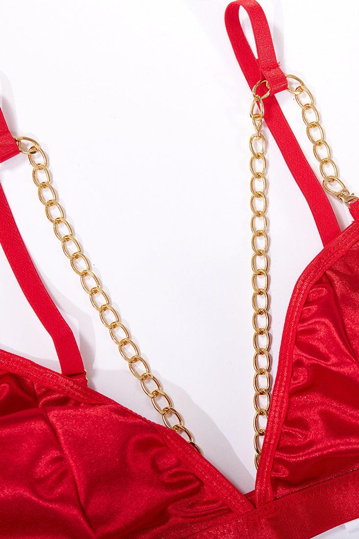 Red Satin Gold Chain Bra Garter Underwear 5Pc Lingerie Set - AMIClubwear