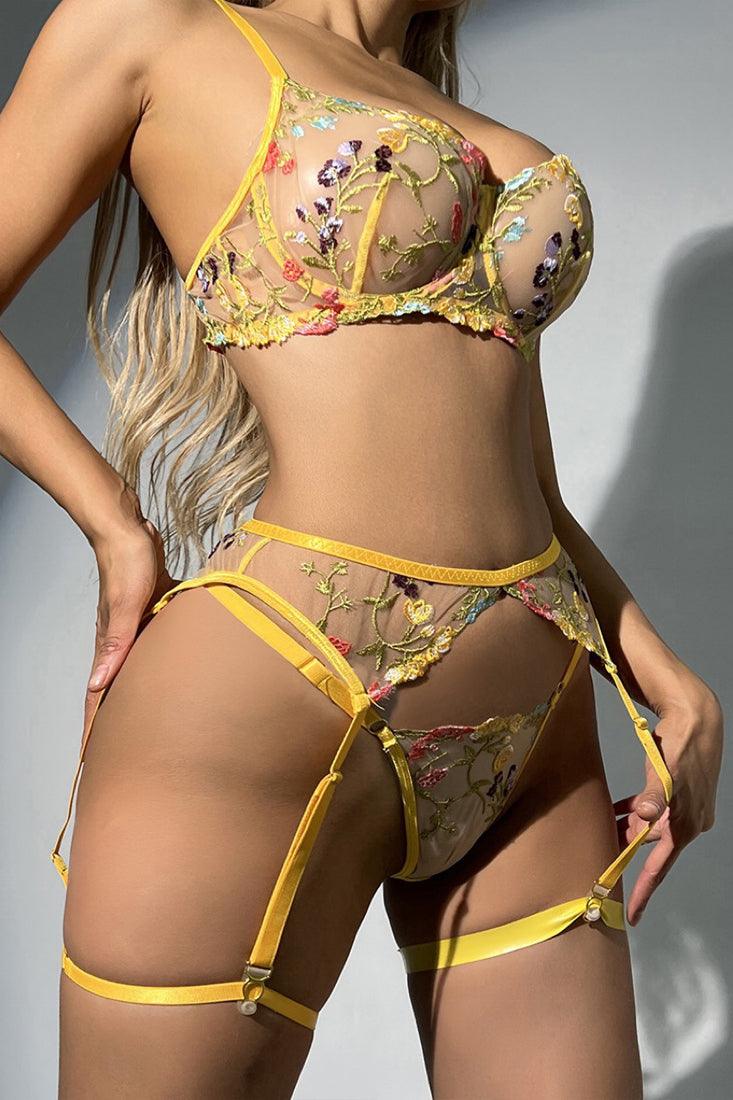 Yellow Floral Embroider Sheer Lace Bra Thong Garter 5Pc Lingerie Set - AMIClubwear