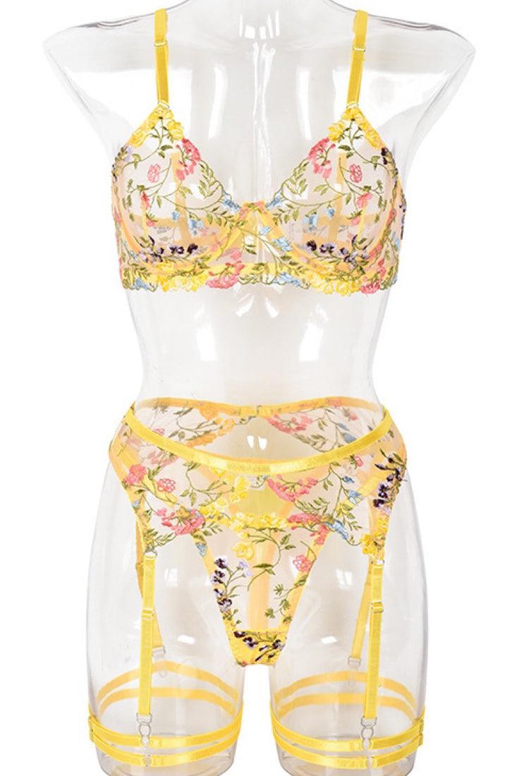 Yellow Floral Embroider Sheer Lace Bra Thong Garter 5Pc Lingerie Set - AMIClubwear