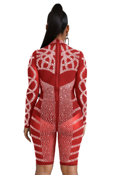 Red Mesh Blinged Out Rhinestone Sexy Jumpsuit Romper